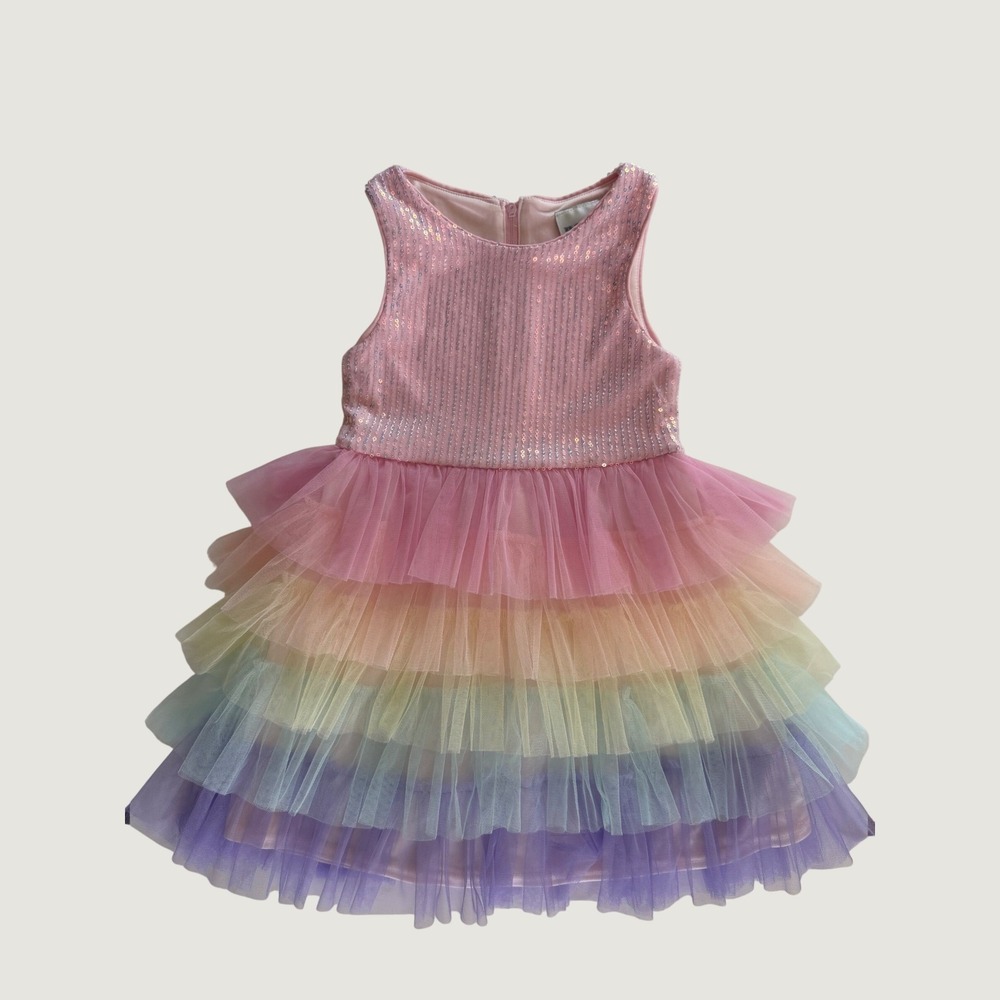Rare Editions Girls Rainbow Sequin Tiered Tulle Dress Pink XS 4/5